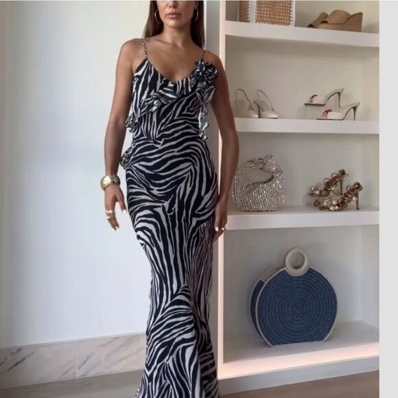 NWT ZARA RUFFLED LONG ANIMALβPRINT DRESS zebra satin maxi - Picture 1 of 16